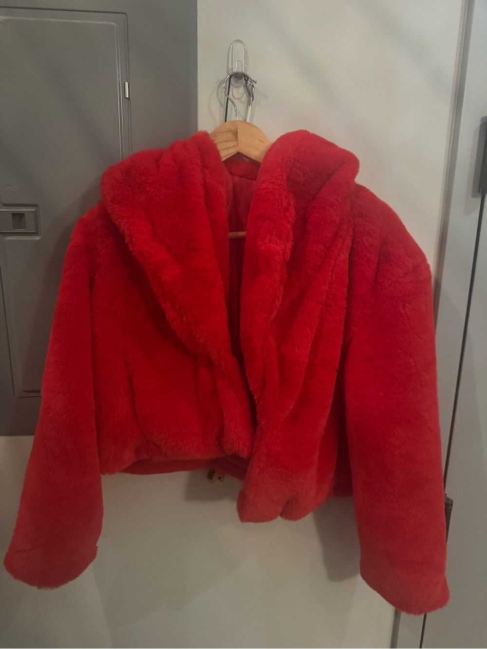 Forever 21 Bright Red Faux Fur Hooded Coat